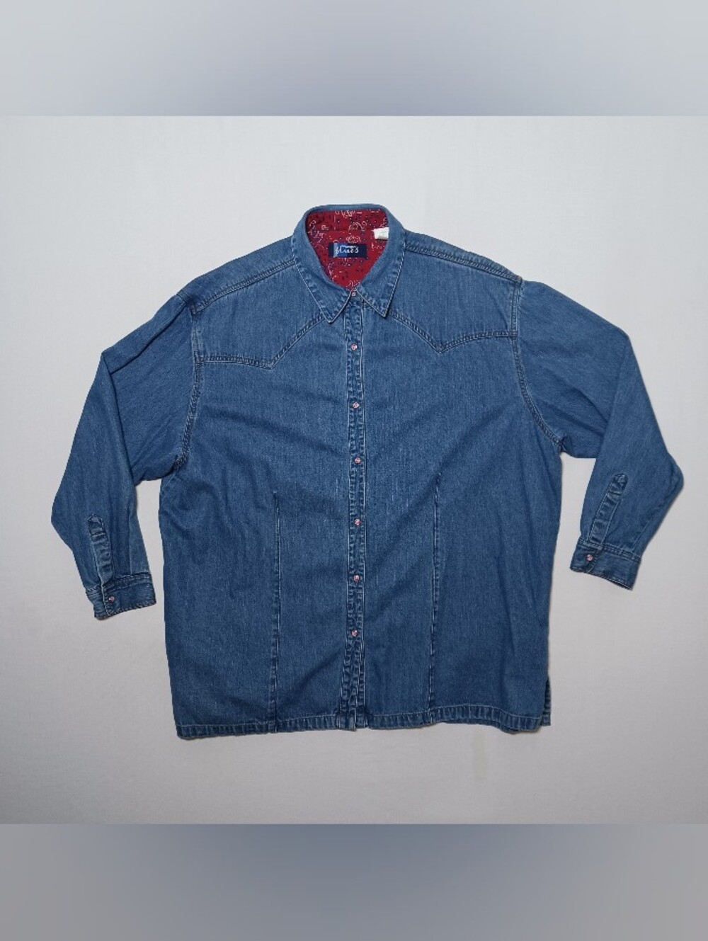 Vintage 90s Wrangler Blues Womens Snaps Front Denim Western Shirt 3X Medium Blue